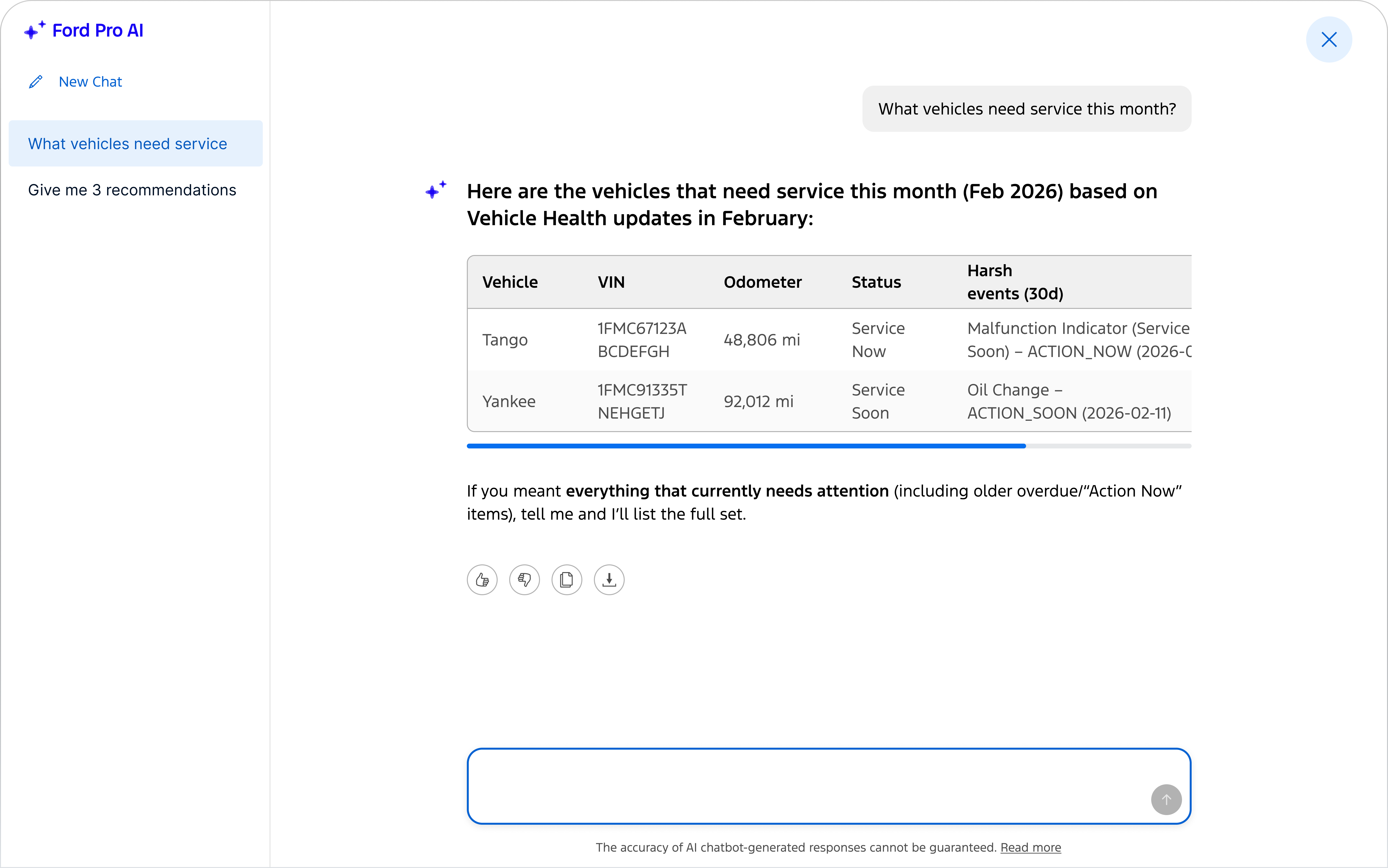 Ford Pro AI is the intelligent fleet assistant that takes the millions of data points your vehicles generate and turns them into insights you can act on.  